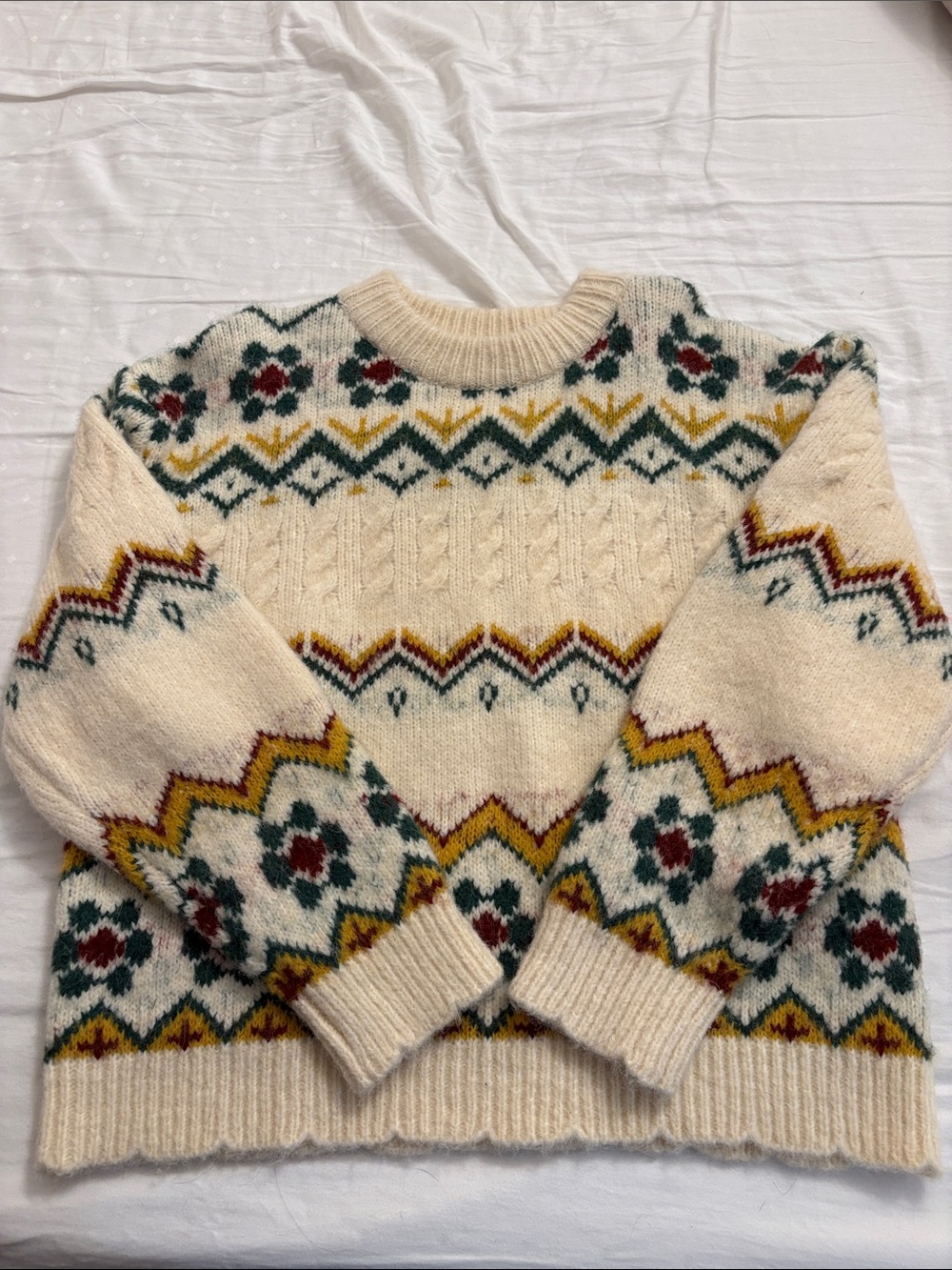 Cider Cream Fair Isle Crewneck Sweater with Green, Mustard & Burgundy Accents